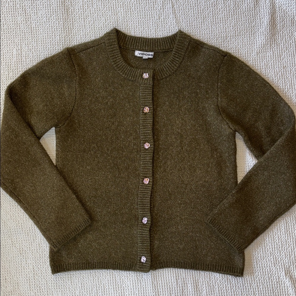 Vigoss Olive Green Button-Up Cardigan Sweater, Gold Buttons, Large, NWOT